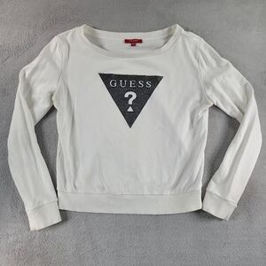 Guess Silver Sparkle Decal White Long Sleeve Top with Logo